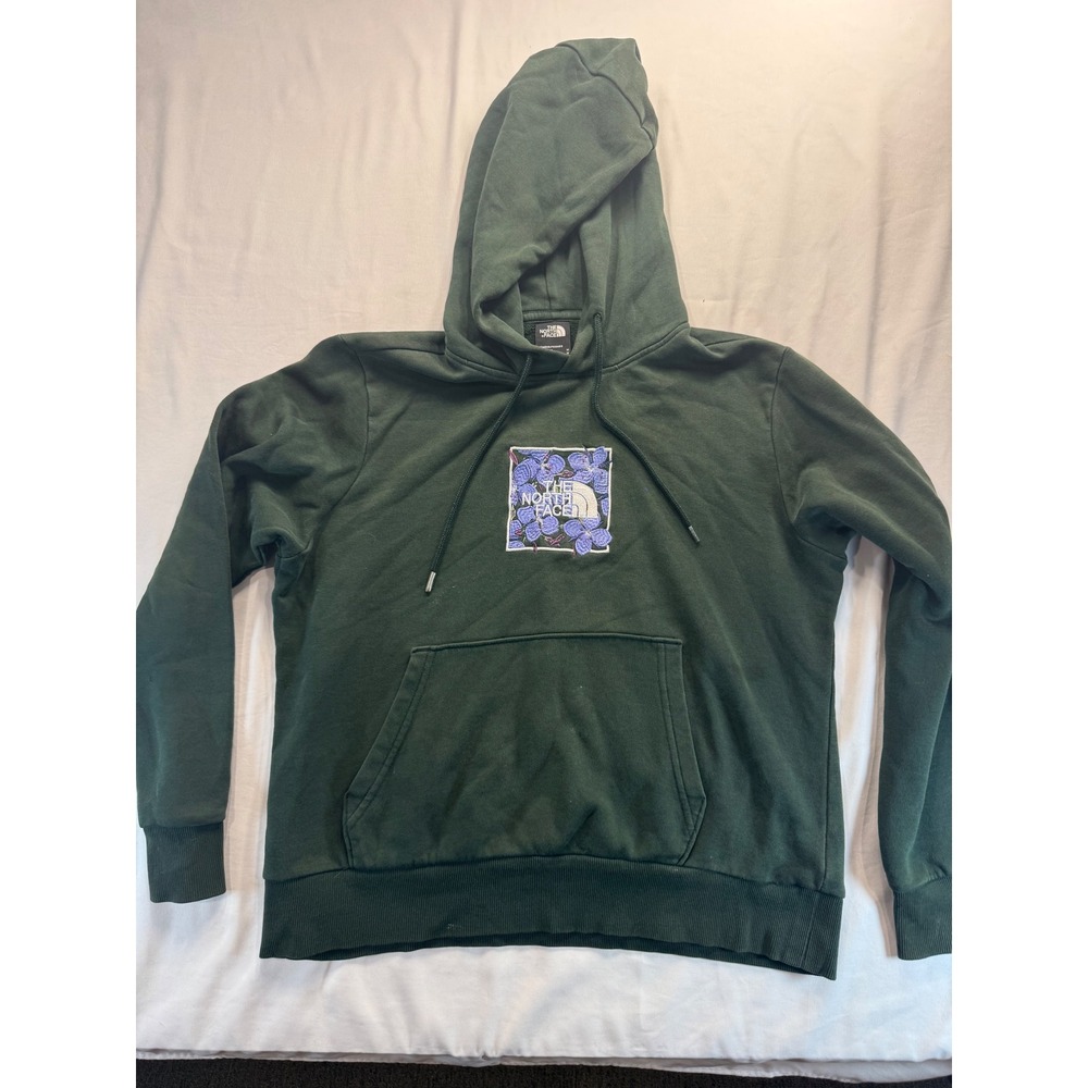 The North Face Womens Hoodie Size M Green Floral Embroidered Box Logo Pullover